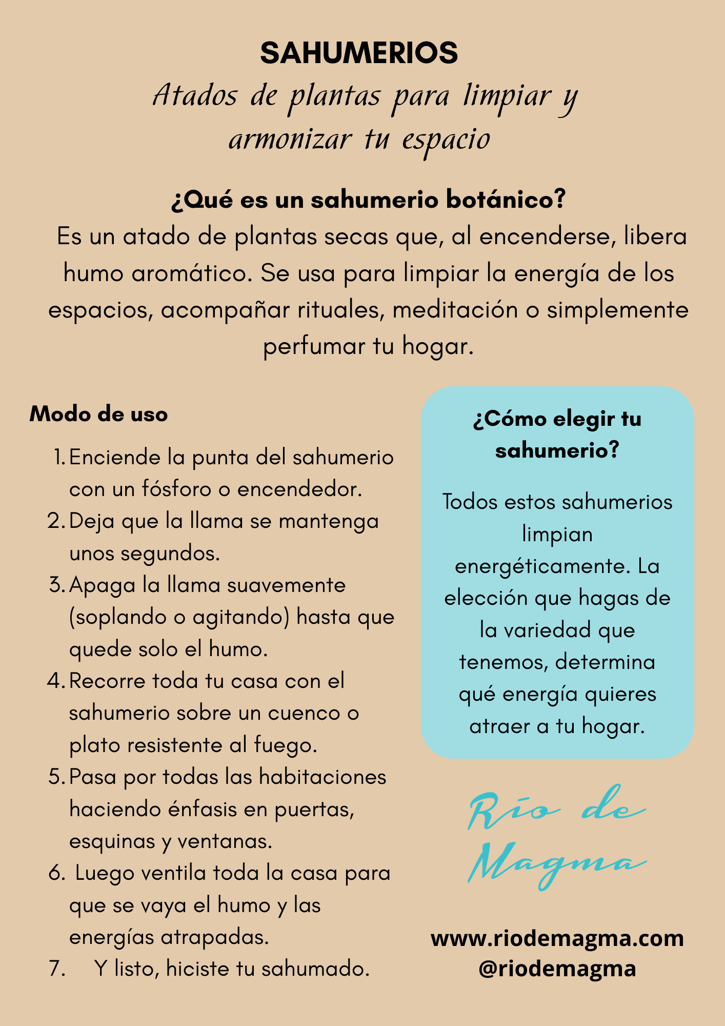 Infografía sobre sahumerios con definición, modo de uso, guía de variedades y datos de contacto de Río de Magma.