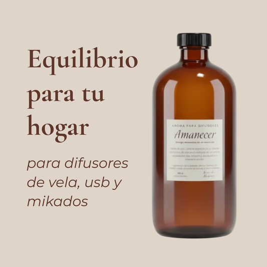 Frasco ámbar de aroma para difusores Amanecer sobre fondo beige. Texto: "Equilibrio para tu hogar".