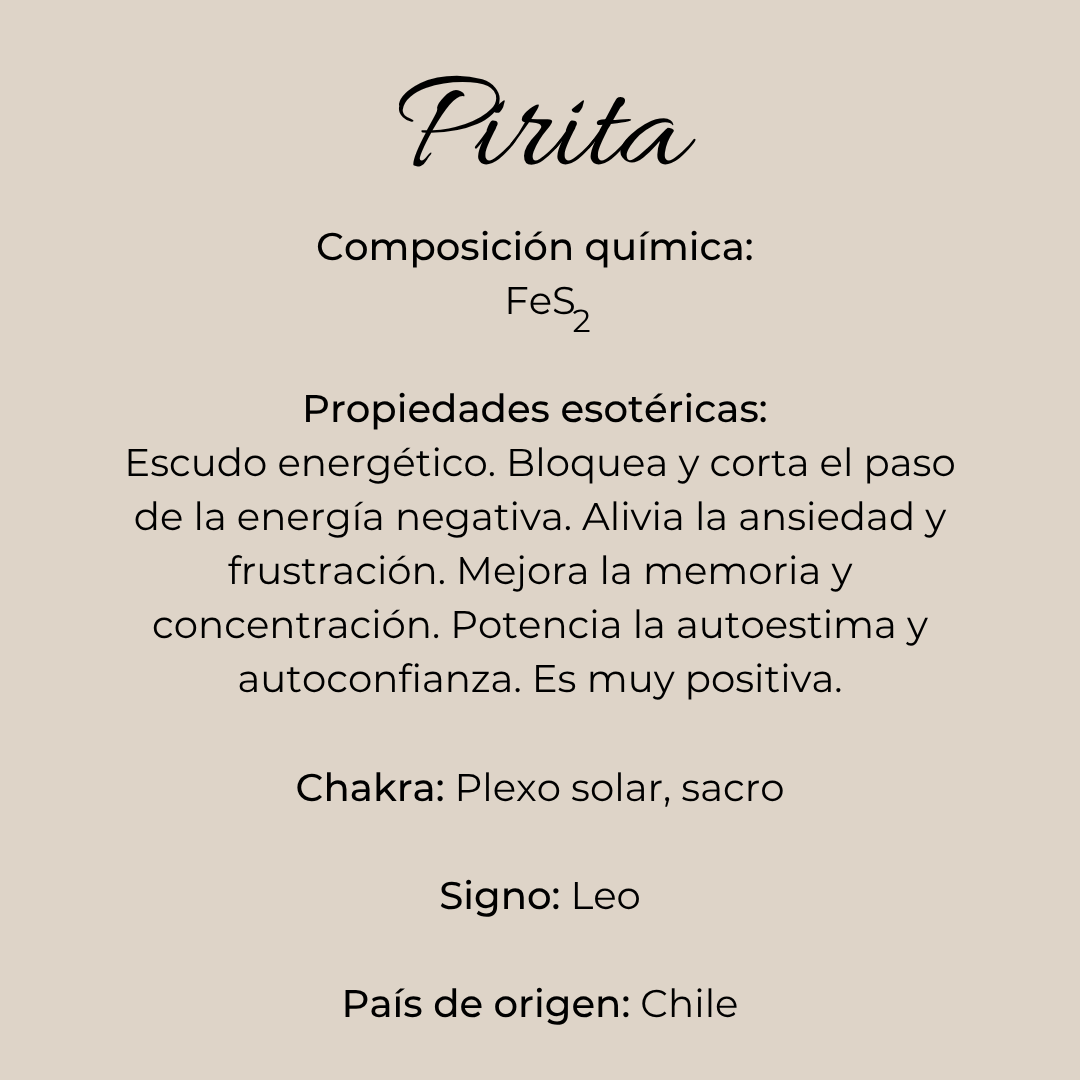 Infografía de pirita natural con composición química, dureza, raya y simbolismo tradicional.
