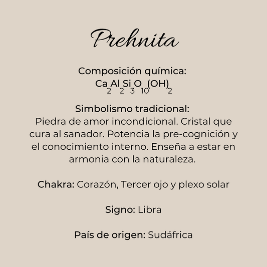 Ficha informativa de la prehnita: composición química, simbolismo de amor incondicional y pre-cognición, chakras Corazón Tercer Ojo y Plexo Solar, signo Libra, origen Sudáfrica