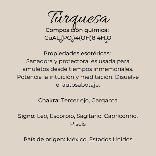 Infografía de la turquesa con composición química, propiedades, chakras y signos zodiacales de Río de Magma.