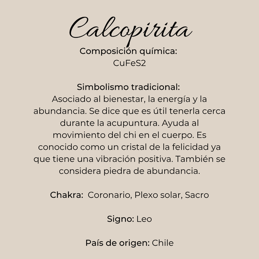 Ficha informativa de calcopirita iridiscente chilena con composición química, simbolismo tradicional y origen Chile.