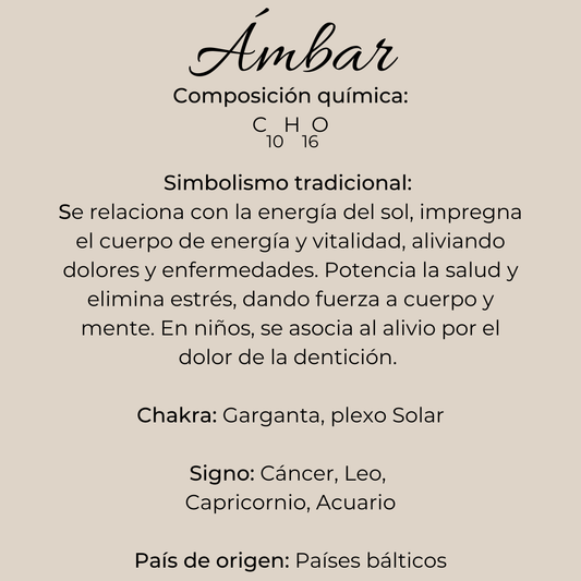 Ficha informativa del ámbar báltico: composición química, simbolismo tradicional, chakras Garganta y Plexo Solar, signos Cancer Leo Capricornio Acuario, origen Países Bálticos