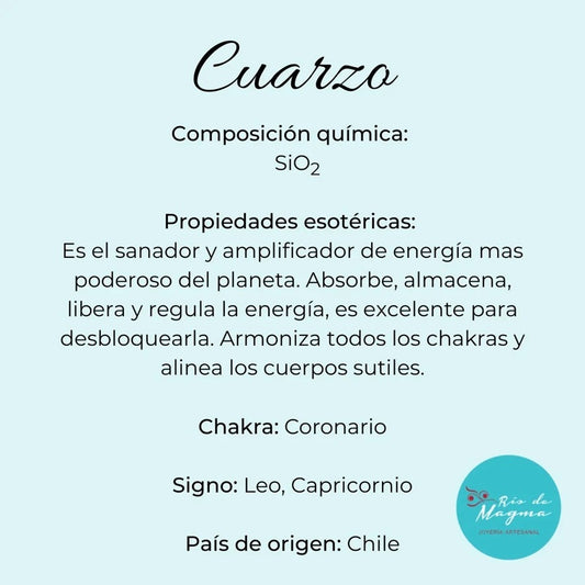 Infografía de cuarzo blanco con composición química SiO₂, chakra coronario y país de origen Chile sobre fondo turquesa