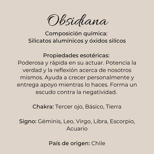 Ficha informativa de piedra obsidiana en bruto sobre fondo beige