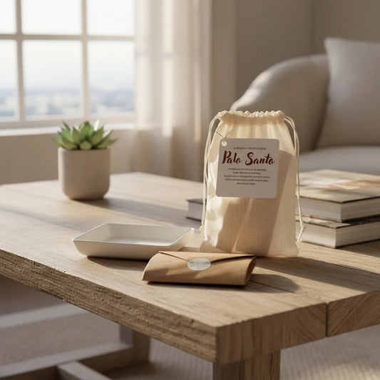 Kit Sahumar Palo Santo | Pocillo Cerámica blanca + Arena Volcánica + Palo Santo (20 g)