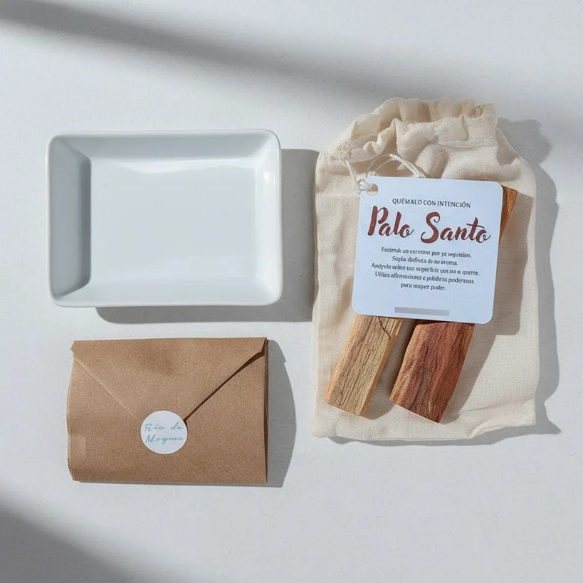 Kit Sahumar Palo Santo | Pocillo Cerámica blanca + Arena Volcánica + Palo Santo (20 g)