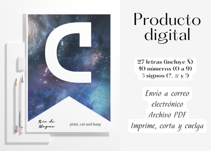 Banderines Galaxia Estilo NASA – Imprimible PDF A4 (Letras y Números)