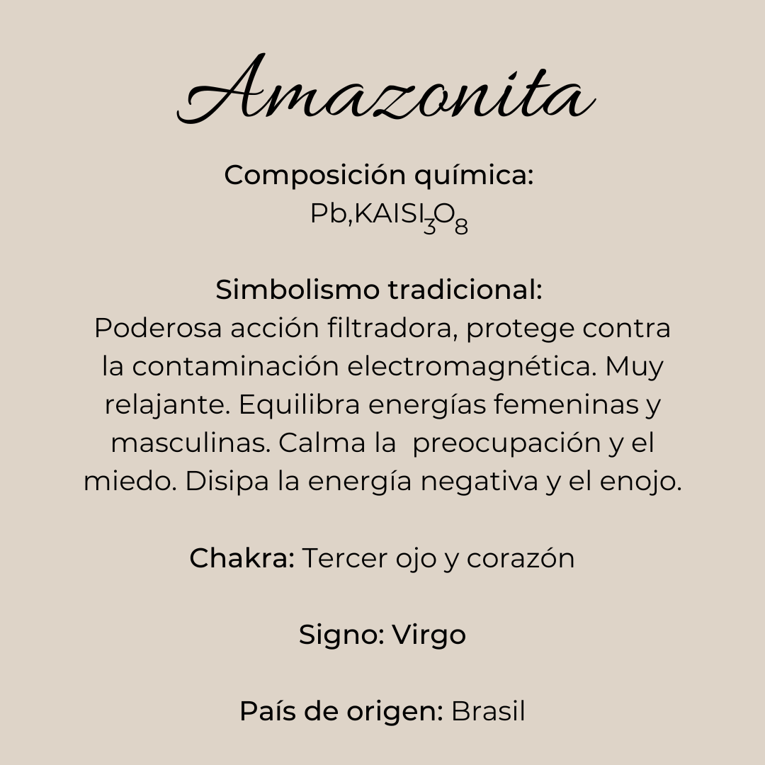 Ficha informativa de la amazonita: composición química KAlSi₃O₈, simbolismo de protección electromagnética y equilibrio energético, chakras Tercer Ojo y Corazón, signo Virgo, origen Brasil
