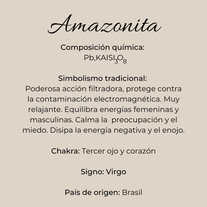 Ficha informativa de la amazonita: composición química KAlSi₃O₈, simbolismo de protección electromagnética y equilibrio energético, chakras Tercer Ojo y Corazón, signo Virgo, origen Brasil
