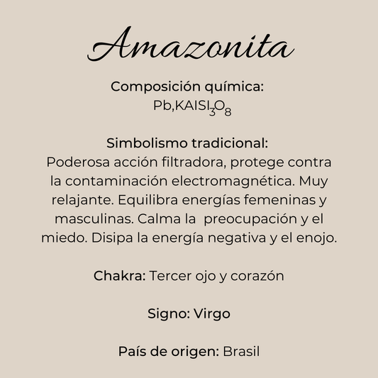 Ficha informativa de la amazonita: composición química KAlSi₃O₈, simbolismo de protección electromagnética y equilibrio energético, chakras Tercer Ojo y Corazón, signo Virgo, origen Brasil