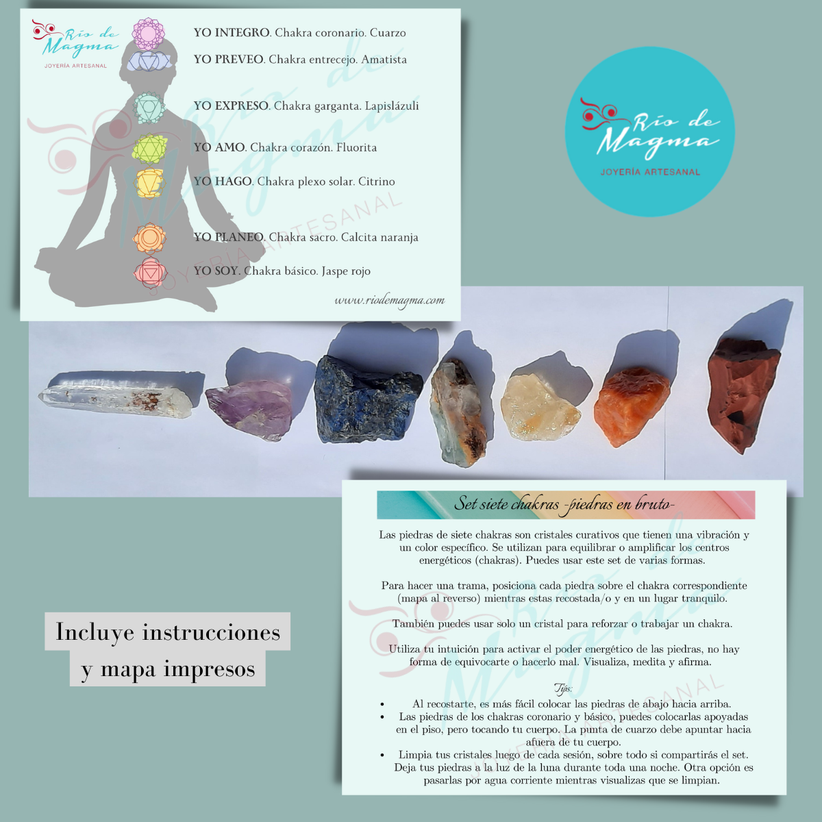Set Cristales 7 Chakras en Bruto + Instructivo y Bolsa (7 Piedras)
