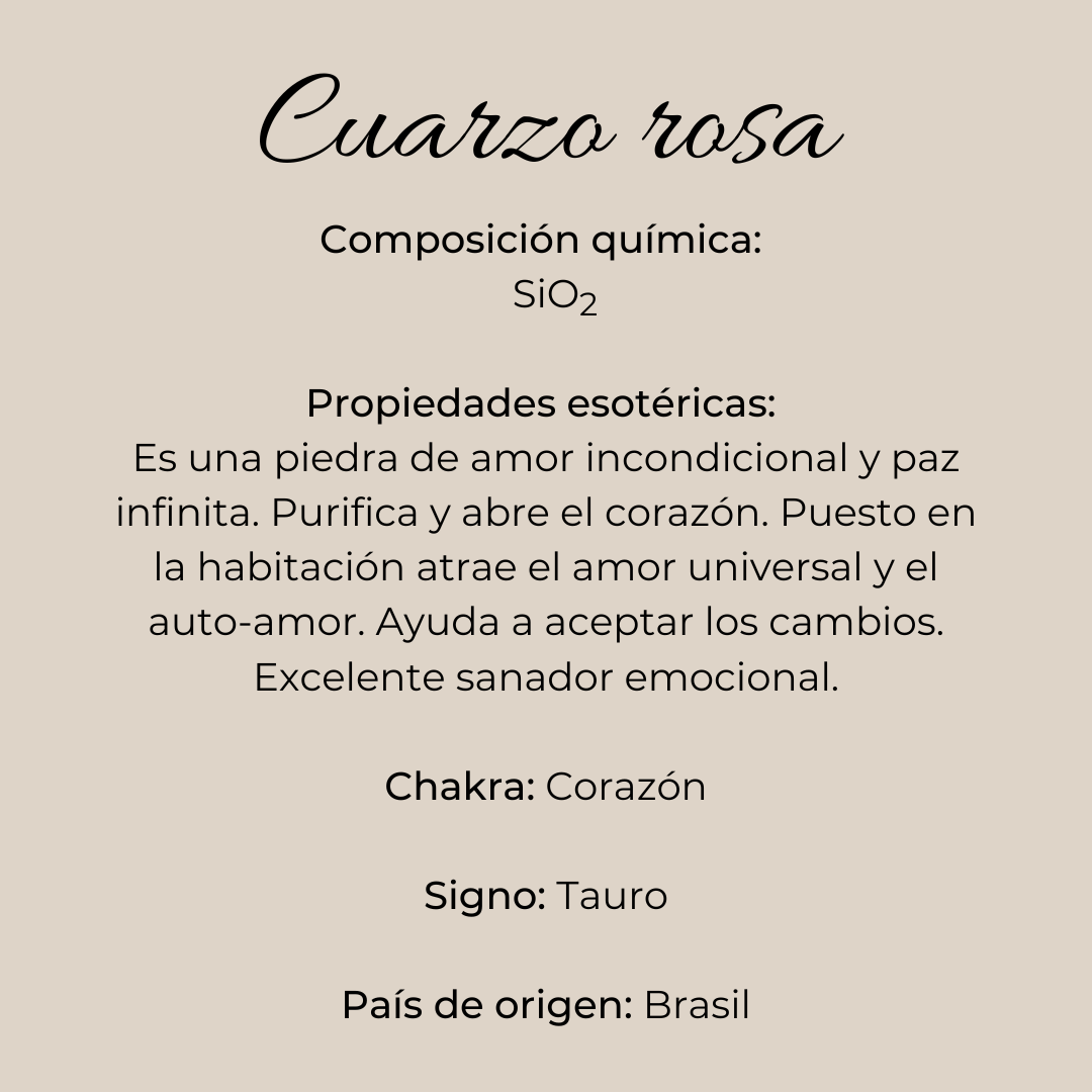 Ficha informativa del cuarzo rosa: composición SiO₂, propiedades de amor incondicional y paz, chakra Corazón, signo Tauro, origen Brasil