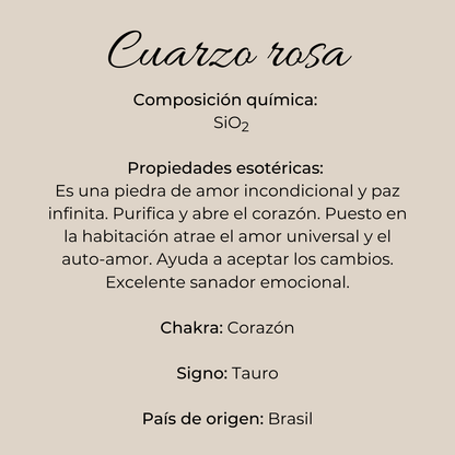 Ficha informativa del cuarzo rosa: composición SiO₂, propiedades de amor incondicional y paz, chakra Corazón, signo Tauro, origen Brasil