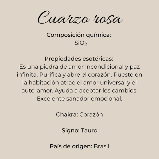 Ficha informativa del cuarzo rosa: composición SiO₂, propiedades de amor incondicional y paz, chakra Corazón, signo Tauro, origen Brasil
