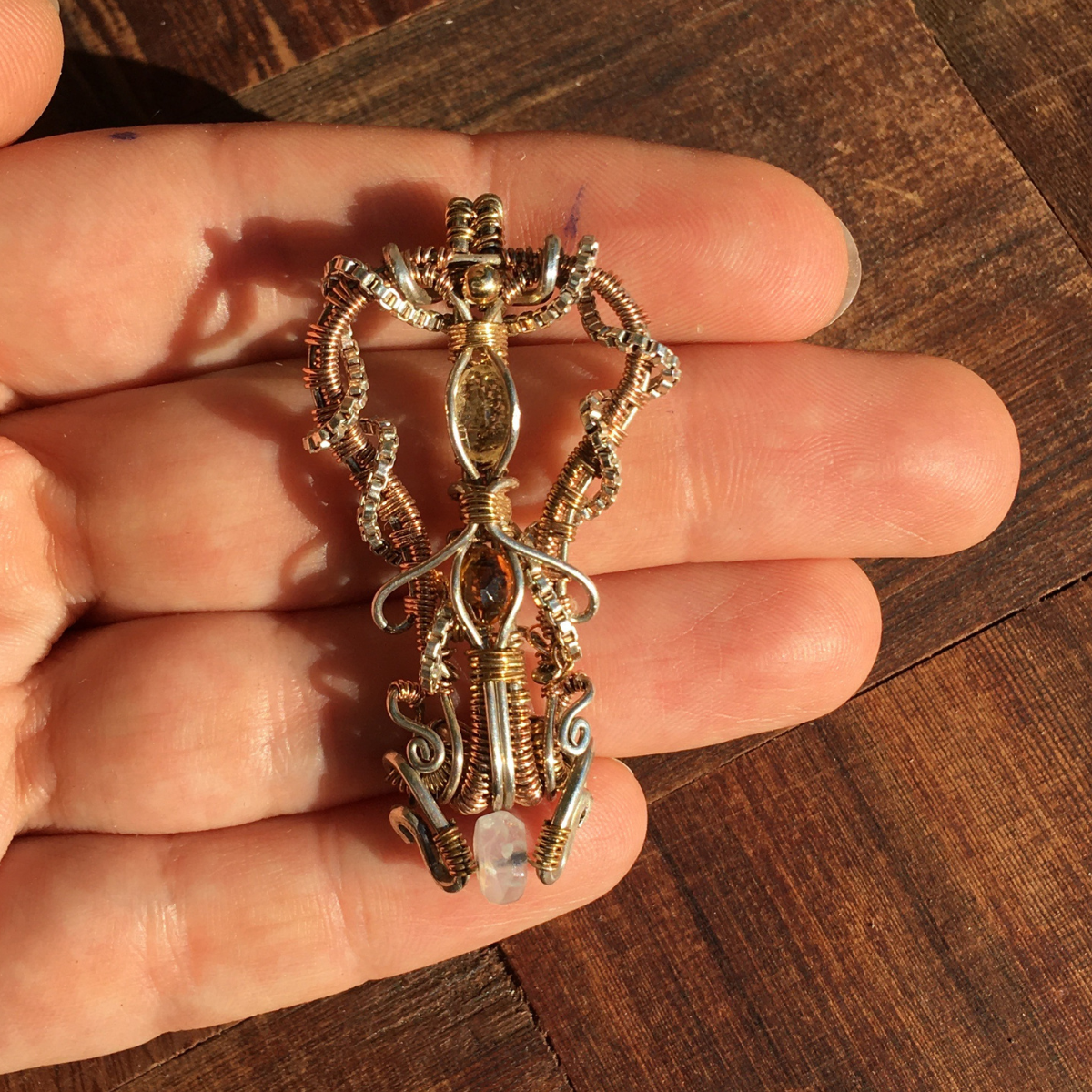 Colgante Wire Wrap – Citrinos Facetados y Aguamarina Dona – Plata 950 y Gold Filled – Pieza única