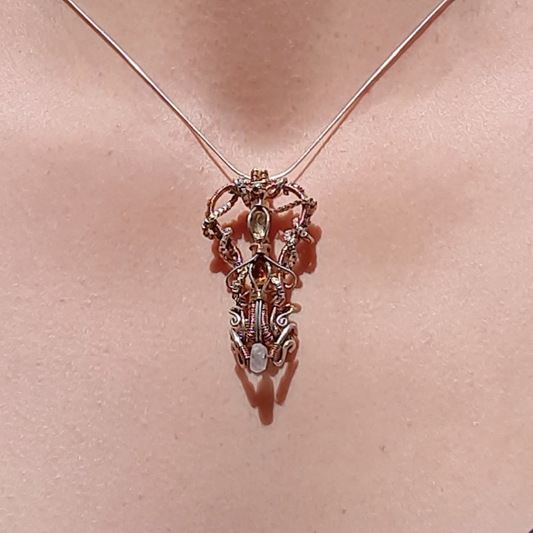Colgante Wire Wrap – Citrinos Facetados y Aguamarina Dona – Plata 950 y Gold Filled – Pieza única