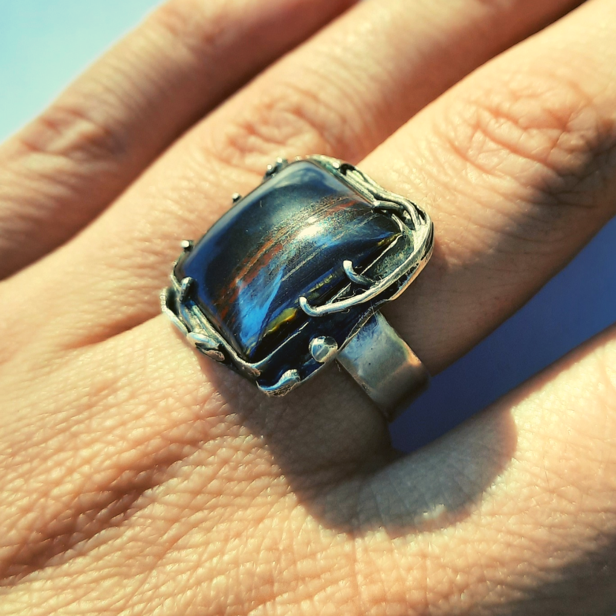Anillo de Plata 950 con Iron Tiger (Ojo de Tigre) – Talla 15 (US 7.5) – Pieza única