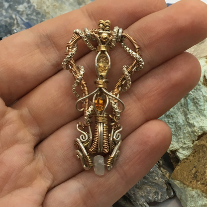 Colgante Wire Wrap – Citrinos Facetados y Aguamarina Dona – Plata 950 y Gold Filled – Pieza única