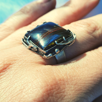 Anillo de Plata 950 con Iron Tiger (Ojo de Tigre) – Talla 15 (US 7.5) – Pieza única