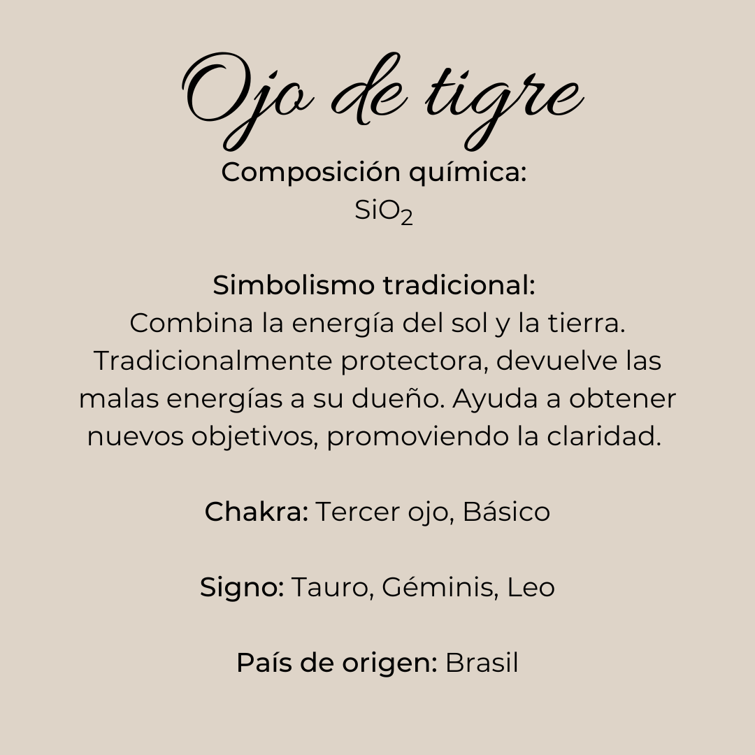 Infografía de piedra ojo de tigre con composición química, signo zodiacales, origen y usos rituales