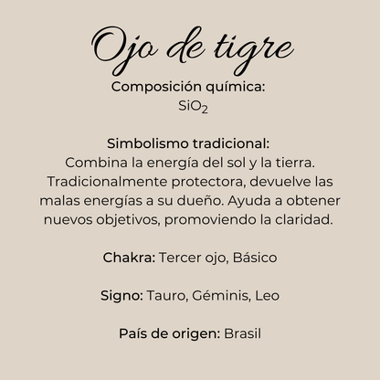 Infografía de piedra ojo de tigre con composición química, signo zodiacales, origen y usos rituales