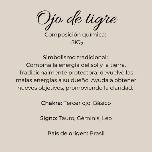 Infografía de piedra ojo de tigre con composición química, signo zodiacales, origen y usos rituales