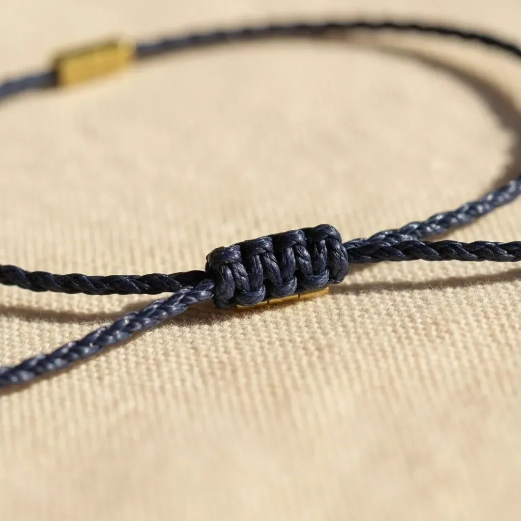 Detalle del cierre corredizo de la pulsera minimalista: nudo en hilo oscuro trenzado con cubo de bronce, sobre tela beige