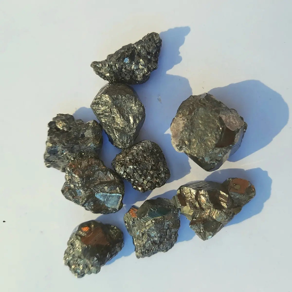 Piezas de pirita natural en bruto de pequeño tamaño, con brillo metálico dorado sobre fondo blanco y luz natural