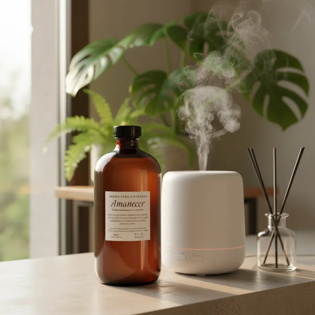 Frasco ámbar "Aroma para Difusores · Amanecer" junto a difusor eléctrico blanco con vapor ascendente y mikado de varillas, sobre mesa con monstera desenfocada al fondo

