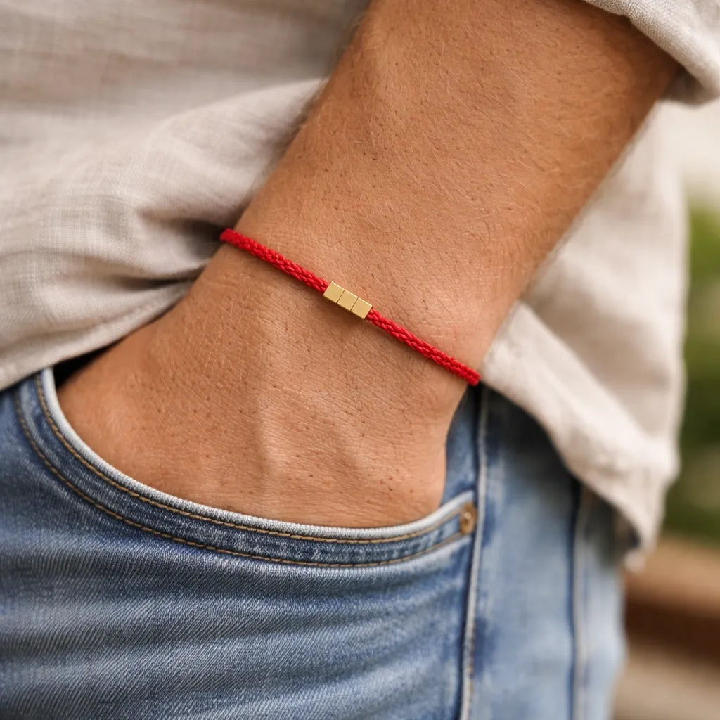 Pulsera roja ajustable para hombre puesta en la muñeca