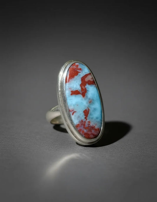 Anillo de Plata 950 con Turquesa Mexicana y Cuprita – Talla 16 (US 7.5) – Pieza única