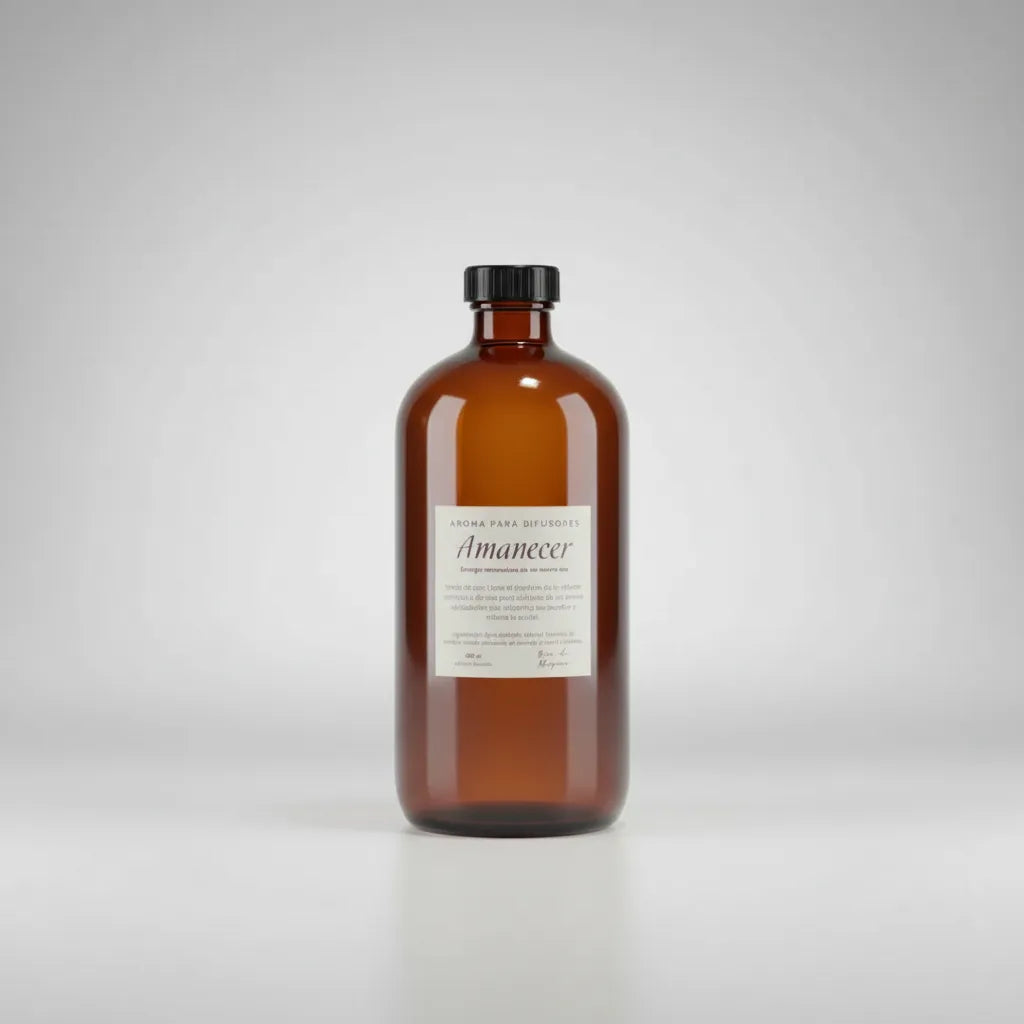 Frasco ámbar de 500 ml con etiqueta "Aroma para Difusores · Amanecer · Río de Magma" sobre fondo blanco, vista frontal
