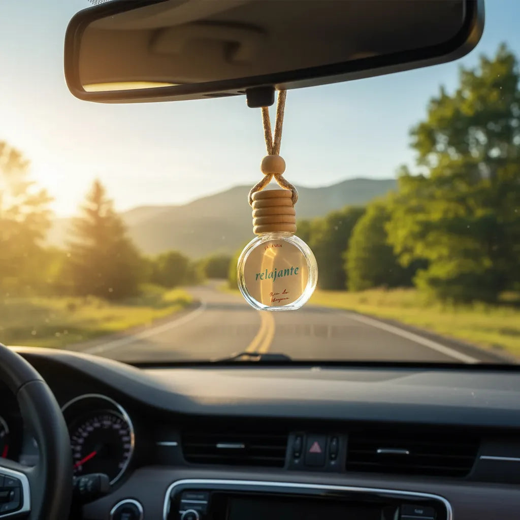 Frasco esférico de vidrio con tapa de madera y cordón colgando del espejo retrovisor, con texto "relajante · Río de Magma", carretera y árboles al fondo con luz de atardecer
