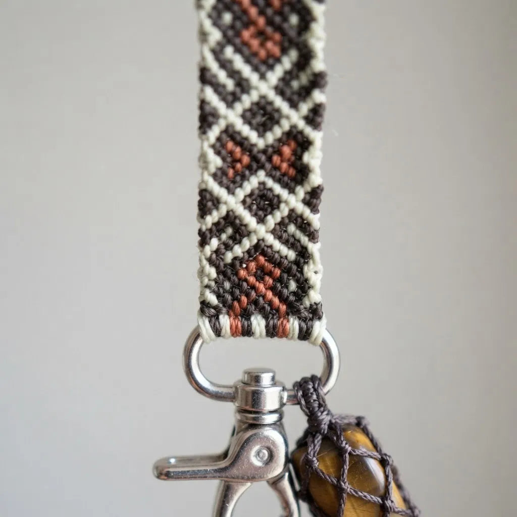 Detalle de llavero artesanal de macramé con mosquetón metálico y piedra decorativa tejida.