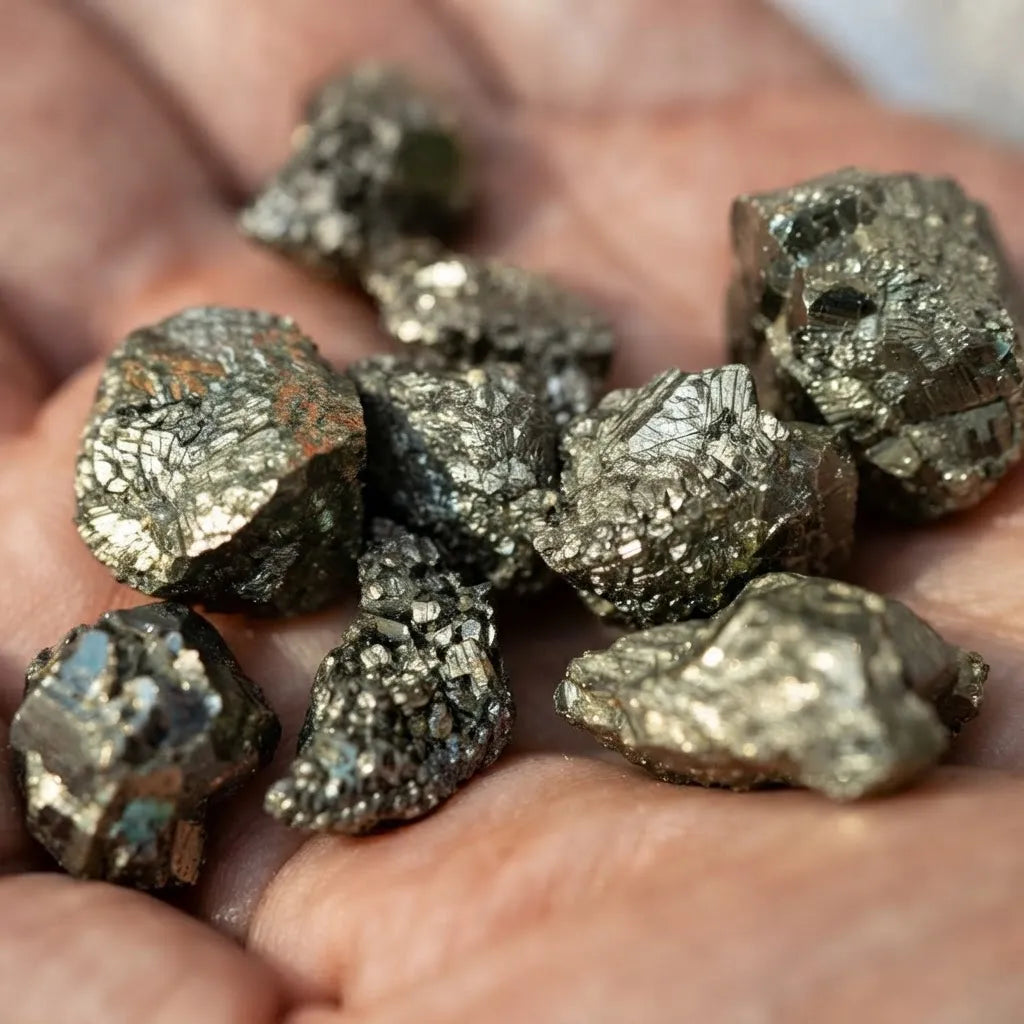 Piezas de pirita natural en bruto de pequeño tamaño, con brillo metálico dorado sobre mano indicando tamaño y forma.