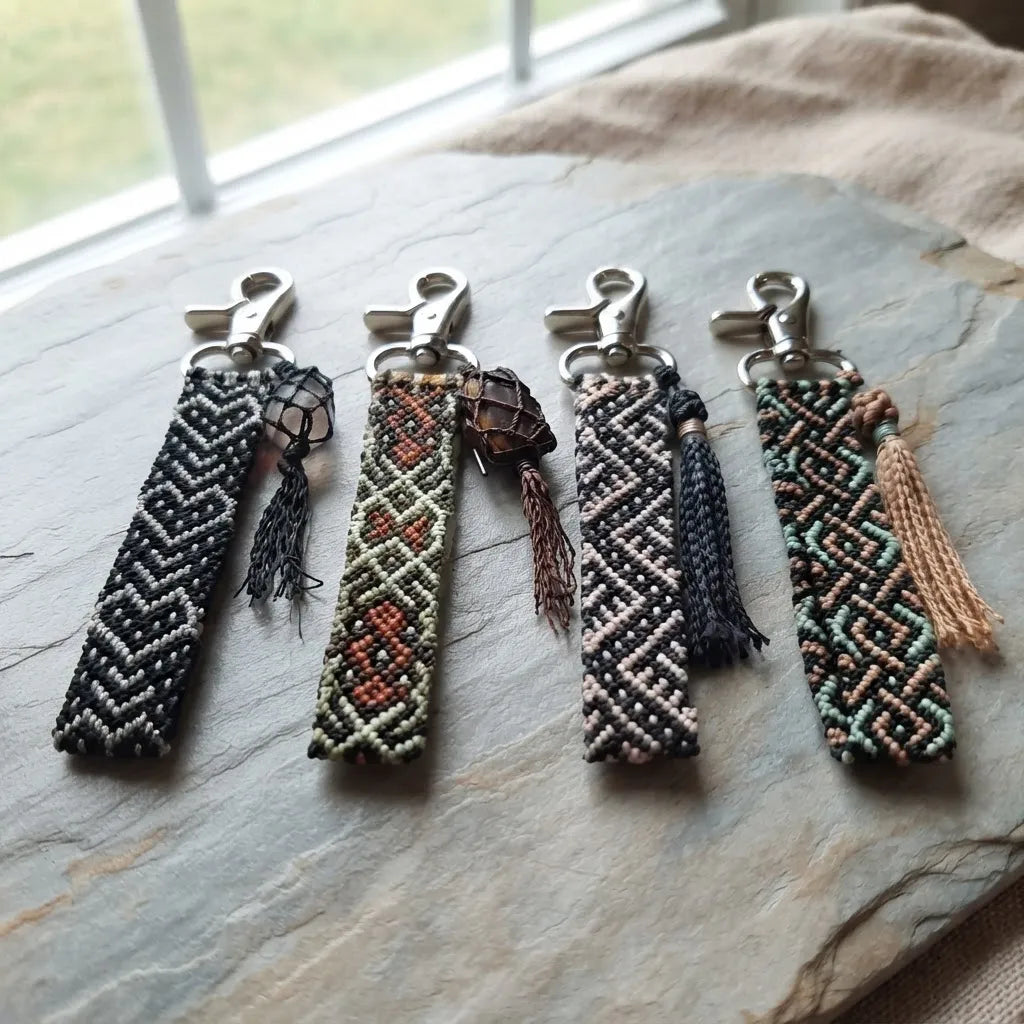 Cuatro llaveros pulsera de macramé hechos a mano con diseños geométricos y distintos colores.