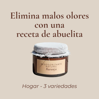 Frasco ámbar de Desodorizante Natural variedad Naranja sobre fondo beige claro. Texto: "Elimina malos olores con una receta de abuelita · Hogar - 3 variedades".