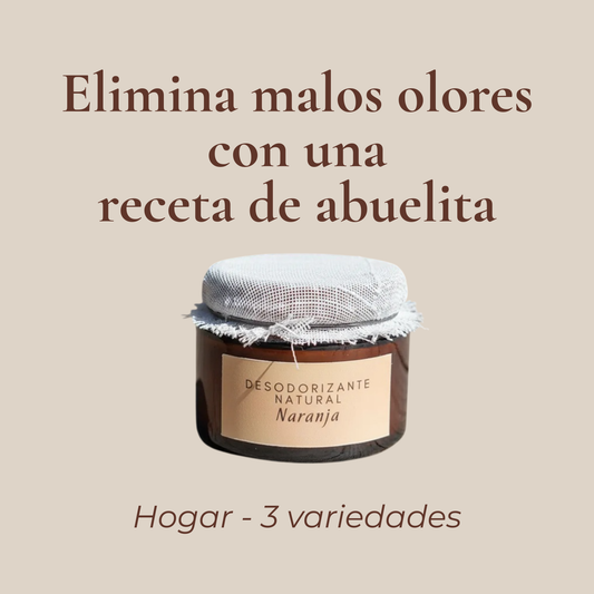 Frasco ámbar de Desodorizante Natural variedad Naranja sobre fondo beige claro. Texto: "Elimina malos olores con una receta de abuelita · Hogar - 3 variedades".