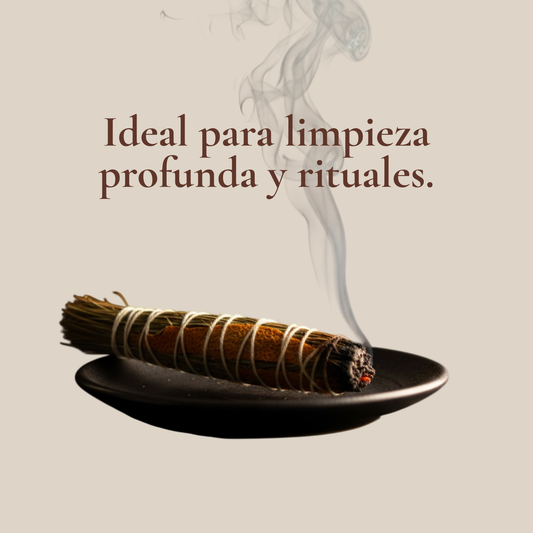 Sahumerio artesanal encendido apoyado sobre plato negro, con humo blanco fino ascendiendo; fondo beige claro con texto "Ideal para limpieza profunda y rituales."