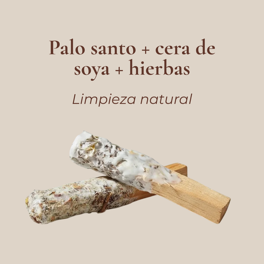 Sahumerios de palo santo con cera de soya con texto 'Sahumerio artesanal' sobre fondo neutro