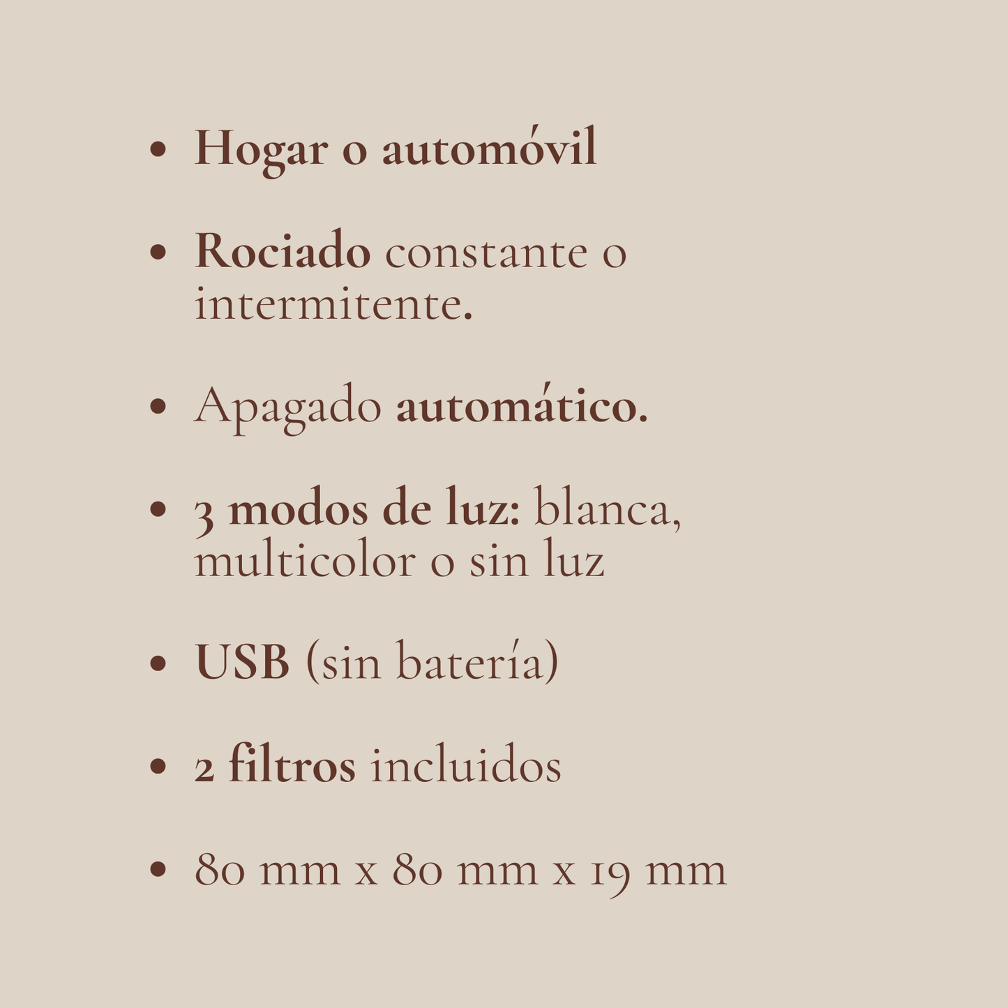 Ficha informativa del humidificador portátil USB con modos de rociado, luz LED, apagado automático y dos filtros incluidos.

