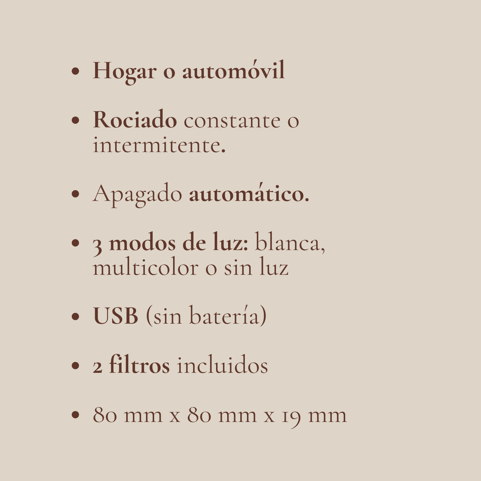 Ficha informativa del humidificador portátil USB con modos de rociado, luz LED, apagado automático y dos filtros incluidos.
