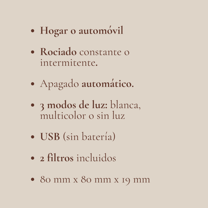 Ficha informativa del humidificador portátil USB con modos de rociado, luz LED, apagado automático y dos filtros incluidos.
