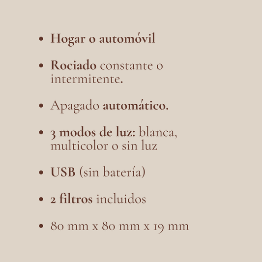 Ficha informativa del humidificador portátil USB con modos de rociado, luz LED, apagado automático y dos filtros incluidos.
