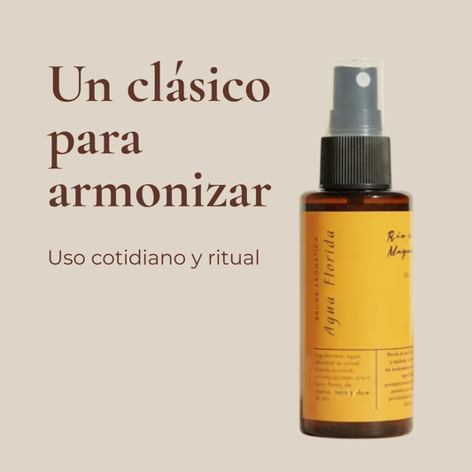 Frasco spray "Agua Florida · Río de Magma" sobre fondo beige con texto: "un clásico para armonizar" 
