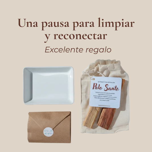 Kit Sahumar sobre superficie beige con texto:2Una pausa para limpiar y reconectar"