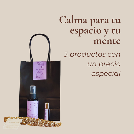 Bruma spray "Ritual Relajante · Río de Magma" con etiqueta lila, sobre fondo blanco