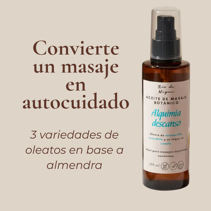 Frasco ámbar "Alquimia Descanso" sobre fondo beige. Texto: "Convierte un masaje en autocuidado · 3 variedades de oleatos en base a almendra".