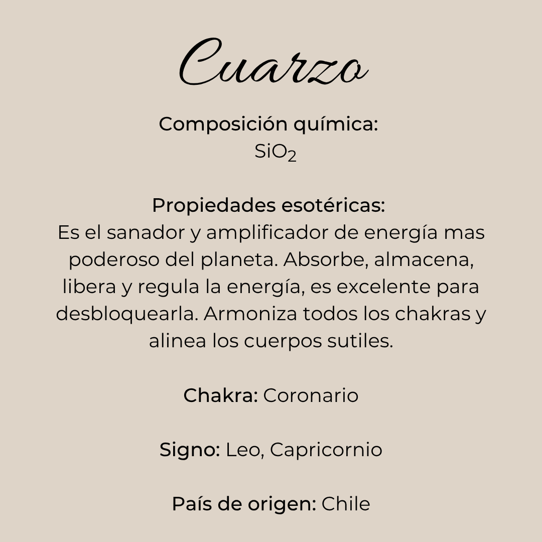 Infografía de piedra cuarzo con composición química, signo zodiacales, origen y usos rituales